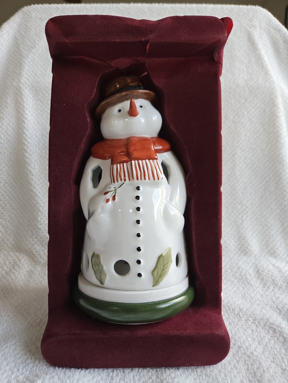 Villeroy & Boch White Snowman Candle Holder with Red Scarf and Green Base